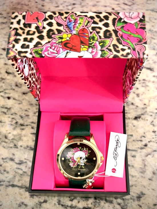 Ed Hardy Accessories - Ed Hardy Green Leather Strap Gold-Tone Skull Watch